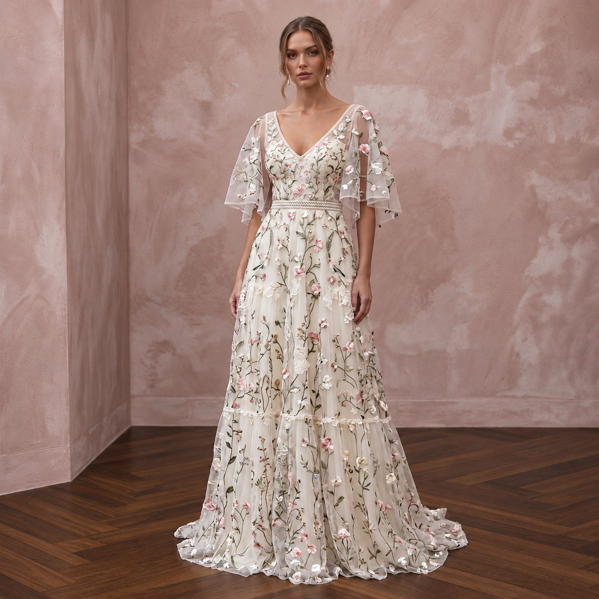 Bohemian Floral Wedding Dress with Flutter Sleeves Main image