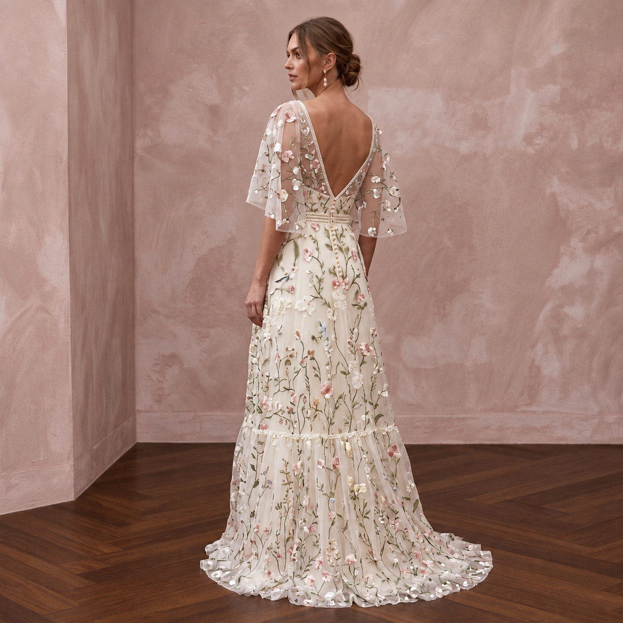 Bohemian Floral Wedding Dress with Flutter Sleeves Secondary image