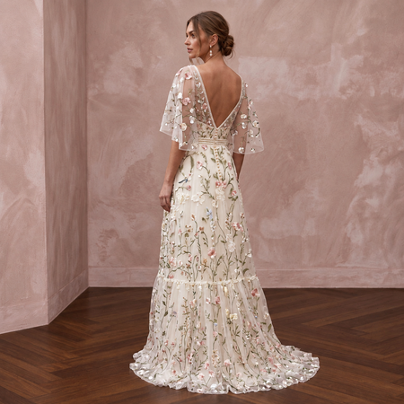 Bohemian Floral Wedding Dress with Flutter Sleeves