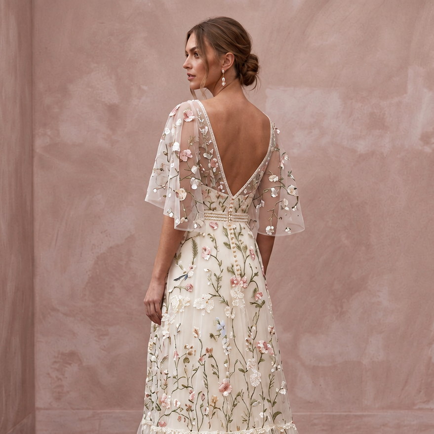 Bohemian Floral Wedding Dress with Flutter Sleeves