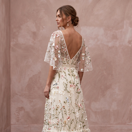 Bohemian Floral Wedding Dress with Flutter Sleeves