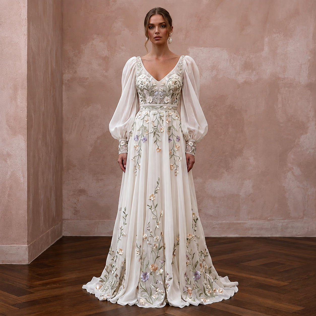 Bohemian Floral Wedding Dress with Puff Sleeves for a Garden Ceremony