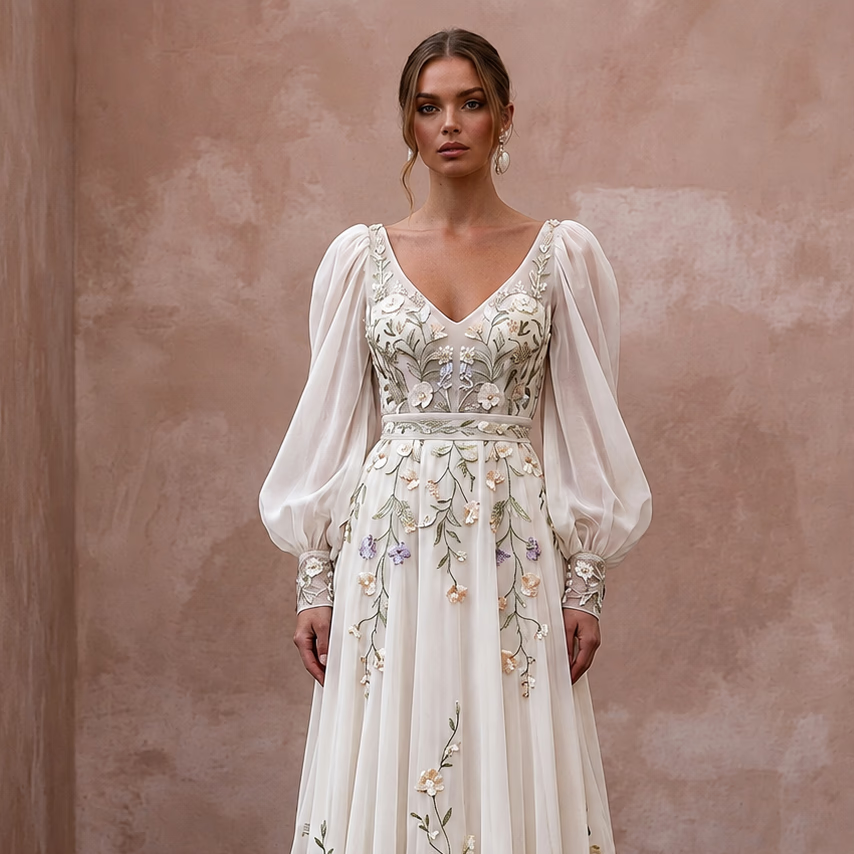 Bohemian Floral Wedding Dress with Puff Sleeves for a Garden Ceremony