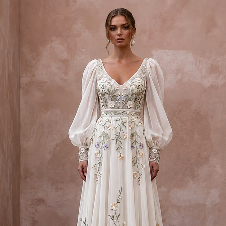 Bohemian Floral Wedding Dress with Puff Sleeves for a Garden Ceremony