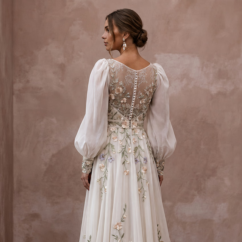 Bohemian Floral Wedding Dress with Puff Sleeves for a Garden Ceremony