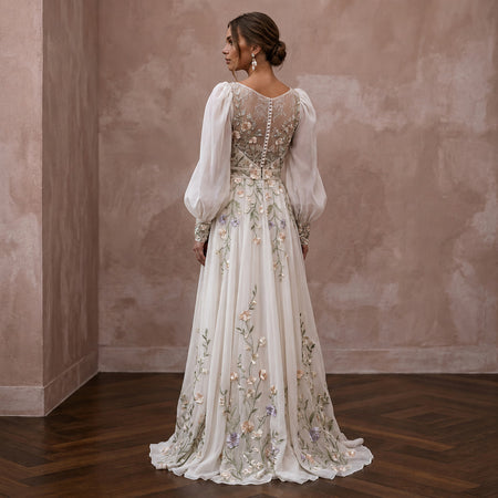 Bohemian Floral Wedding Dress with Puff Sleeves for a Garden Ceremony