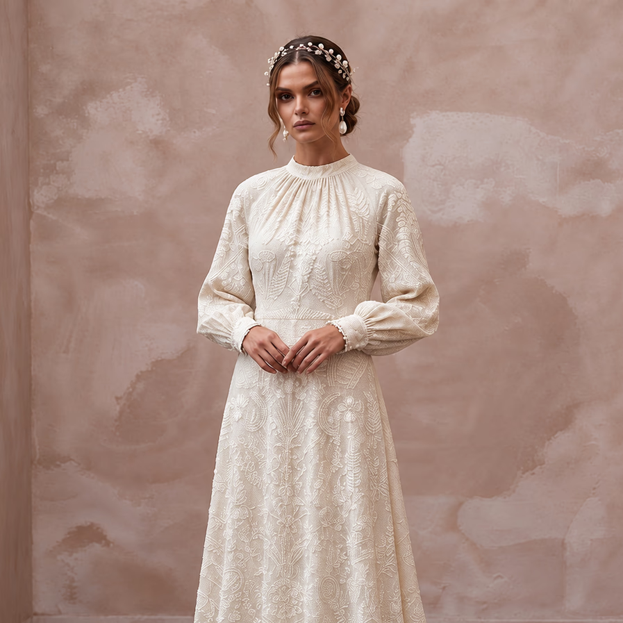 Bohemian Ivory Embroidered Cotton Long Sleeve Wedding Dress for Forest Elopement