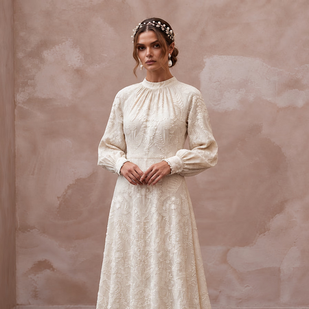 Bohemian Ivory Embroidered Cotton Long Sleeve Wedding Dress for Forest Elopement