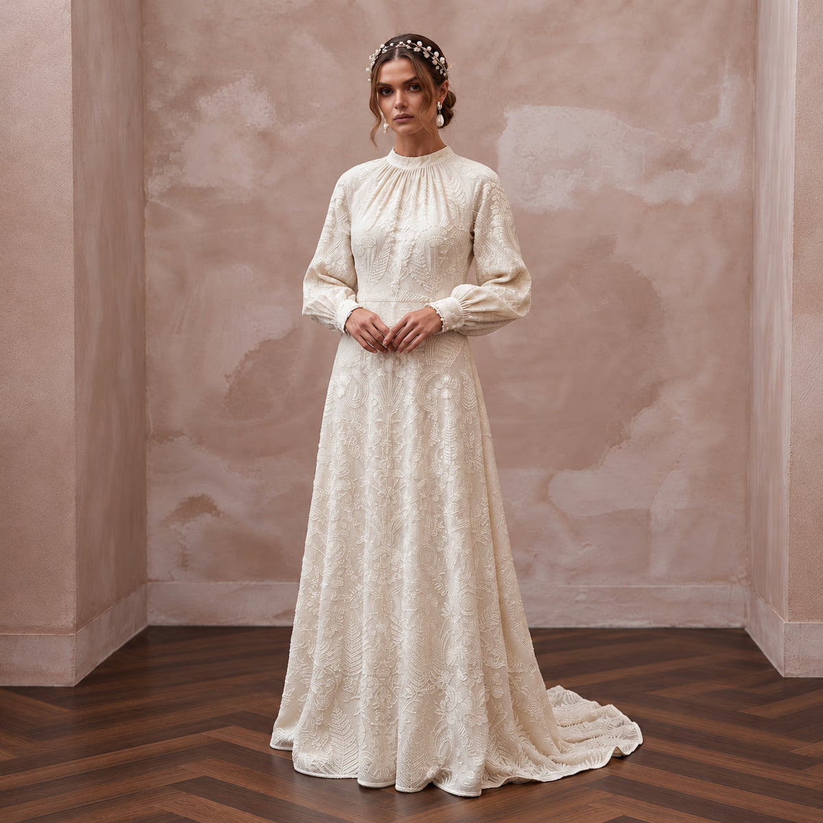 Bohemian Ivory Embroidered Cotton Long Sleeve Wedding Dress for Forest Elopement