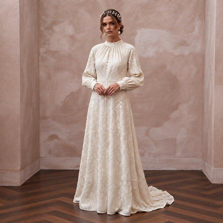 Bohemian Ivory Embroidered Cotton Long Sleeve Wedding Dress for Forest Elopement