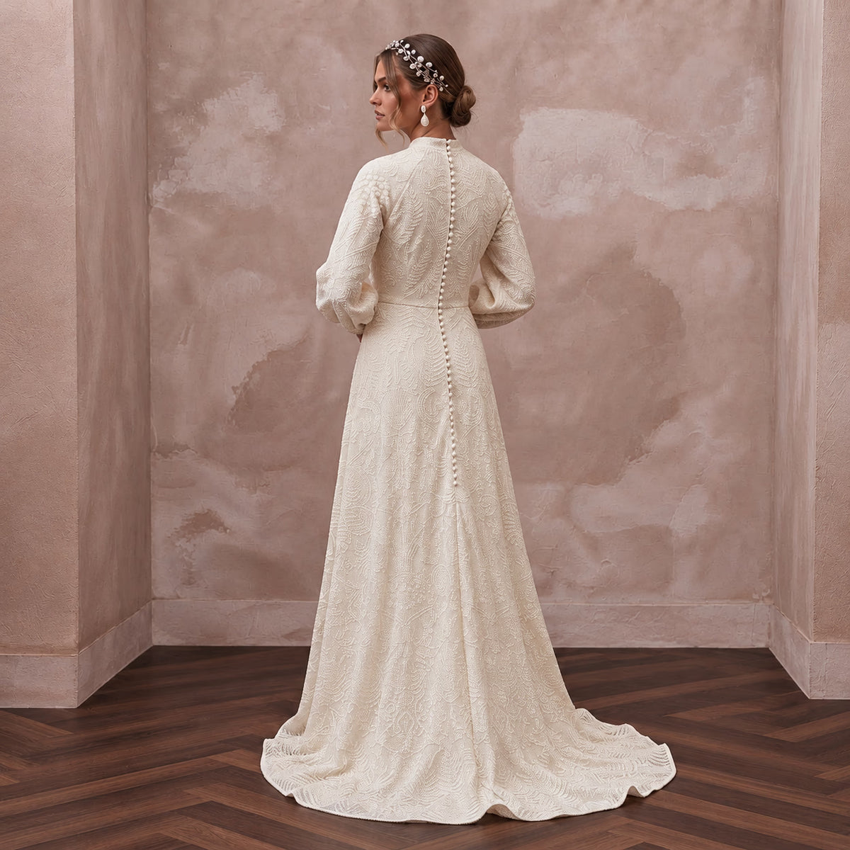 Bohemian Ivory Embroidered Cotton Long Sleeve Wedding Dress for Forest Elopement