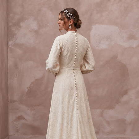 Bohemian Ivory Embroidered Cotton Long Sleeve Wedding Dress for Forest Elopement