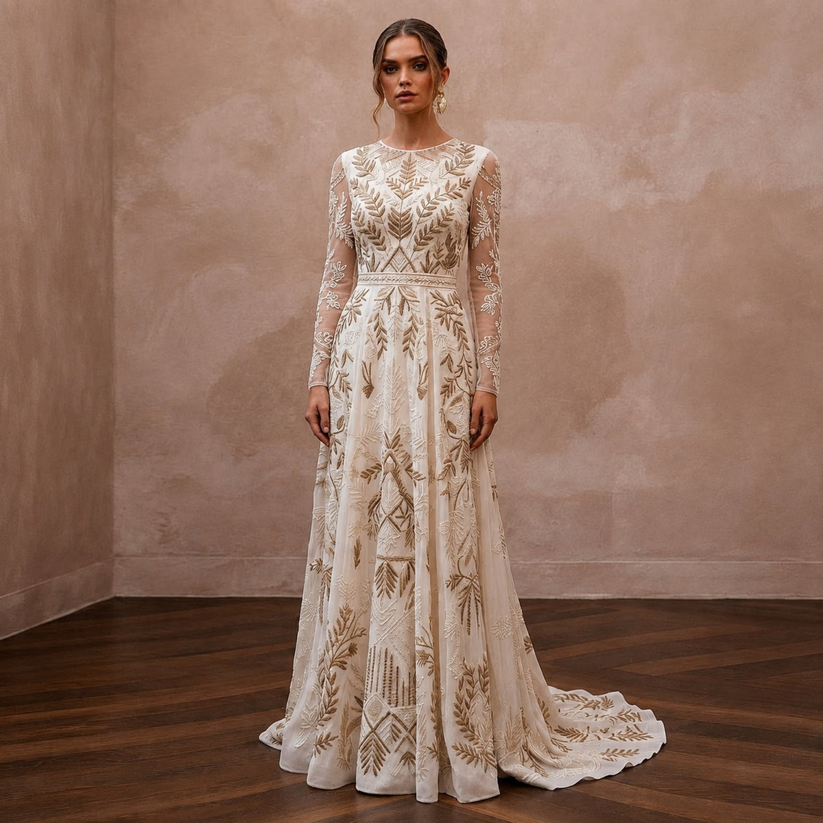 Bohemian Ivory Embroidered Cotton Long Sleeve for Forest Elopement - Apparel & Accessories > Clothing > Wedding & Bridal Party Dresses > Wedding Dresses - Mignonette Bridal Main image