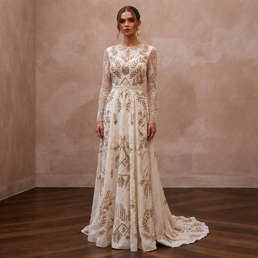 Bohemian Ivory Embroidered Cotton Long Sleeve for Forest Elopement