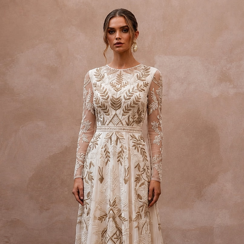 Bohemian Ivory Embroidered Cotton Long Sleeve for Forest Elopement - Apparel & Accessories > Clothing > Wedding & Bridal Party Dresses > Wedding Dresses - Mignonette Bridal