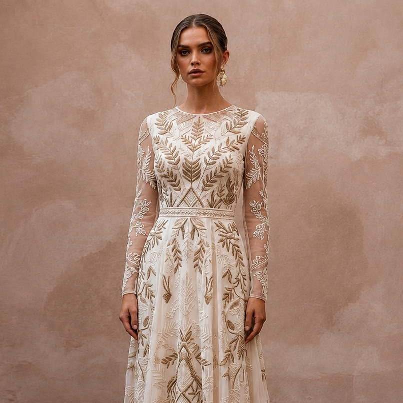 Bohemian Ivory Embroidered Cotton Long Sleeve for Forest Elopement