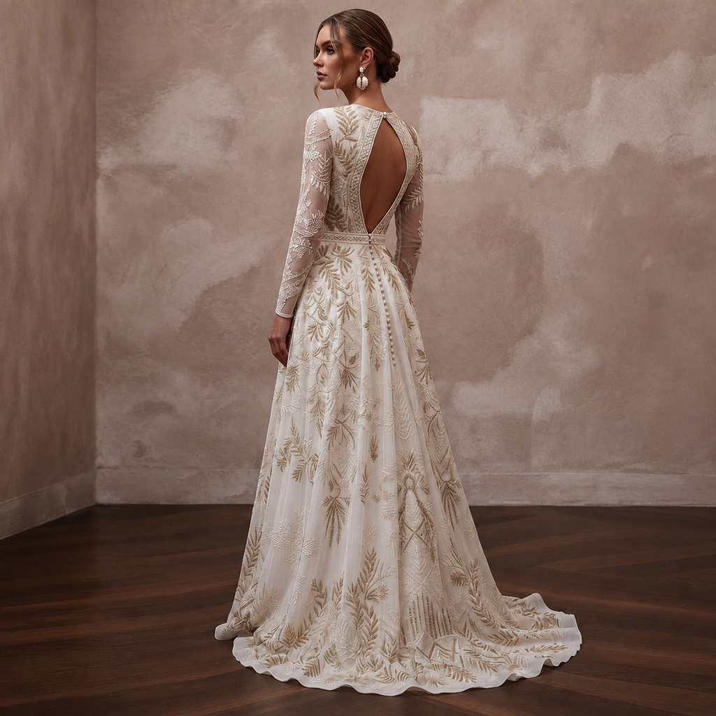 Bohemian Ivory Embroidered Cotton Long Sleeve for Forest Elopement