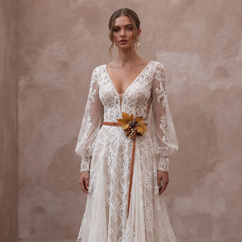 Bohemian Lace Bridal Dress for an Autumn Vineyard Ceremony