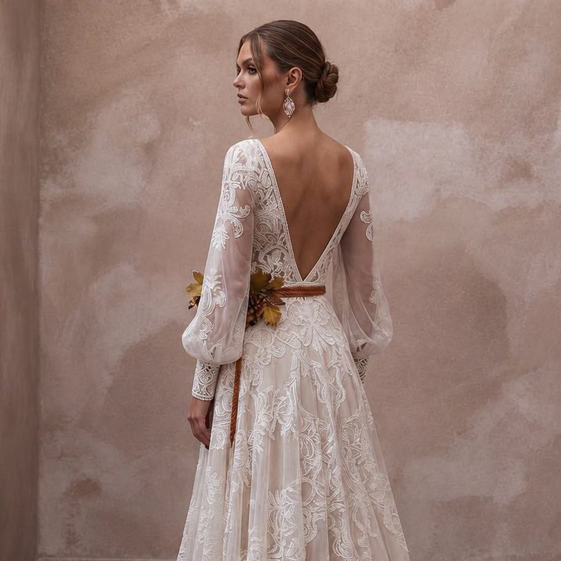 Bohemian Lace Bridal Dress for an Autumn Vineyard Ceremony