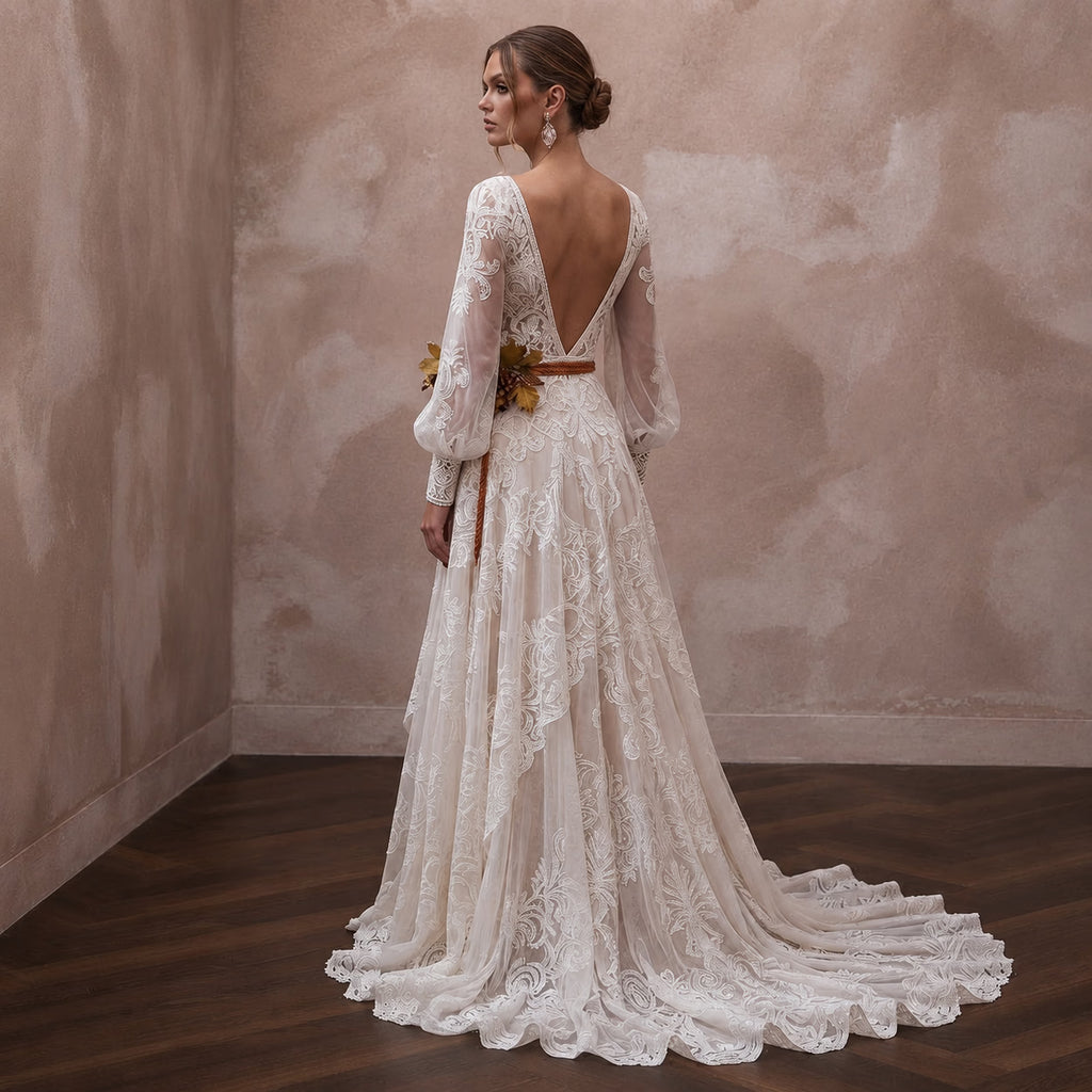 Bohemian Lace Bridal Dress for an Autumn Vineyard Ceremony