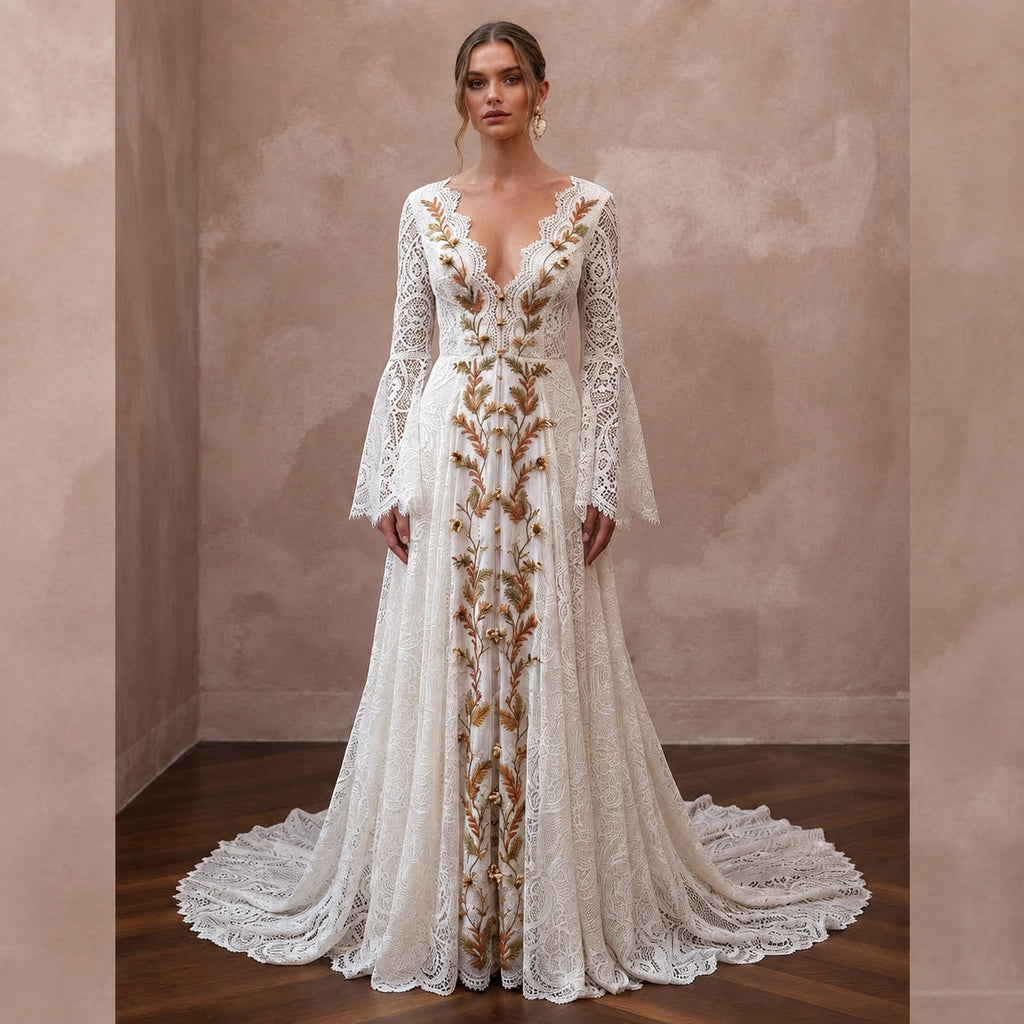 Bohemian Lace Bridal Gown for a Rustic Vineyard Wedding