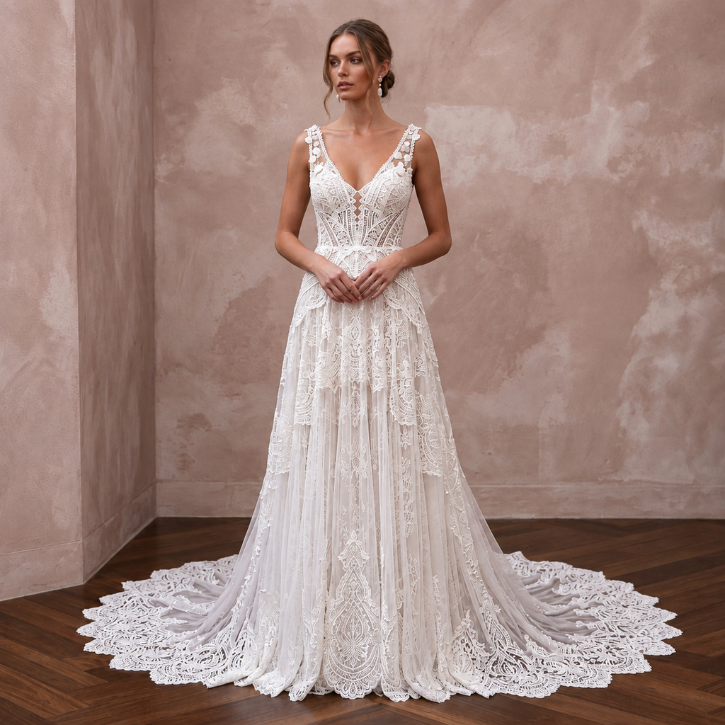 Bohemian Lace Bridal Gown with Chapel Train