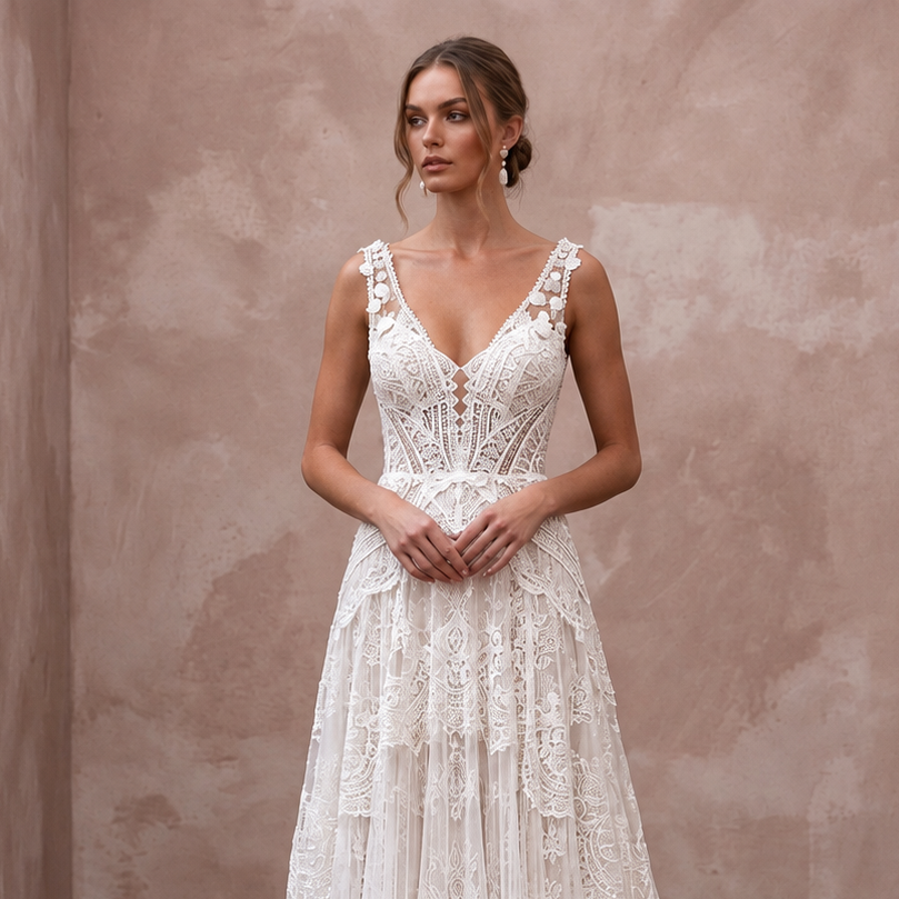 Bohemian Lace Bridal Gown with Chapel Train