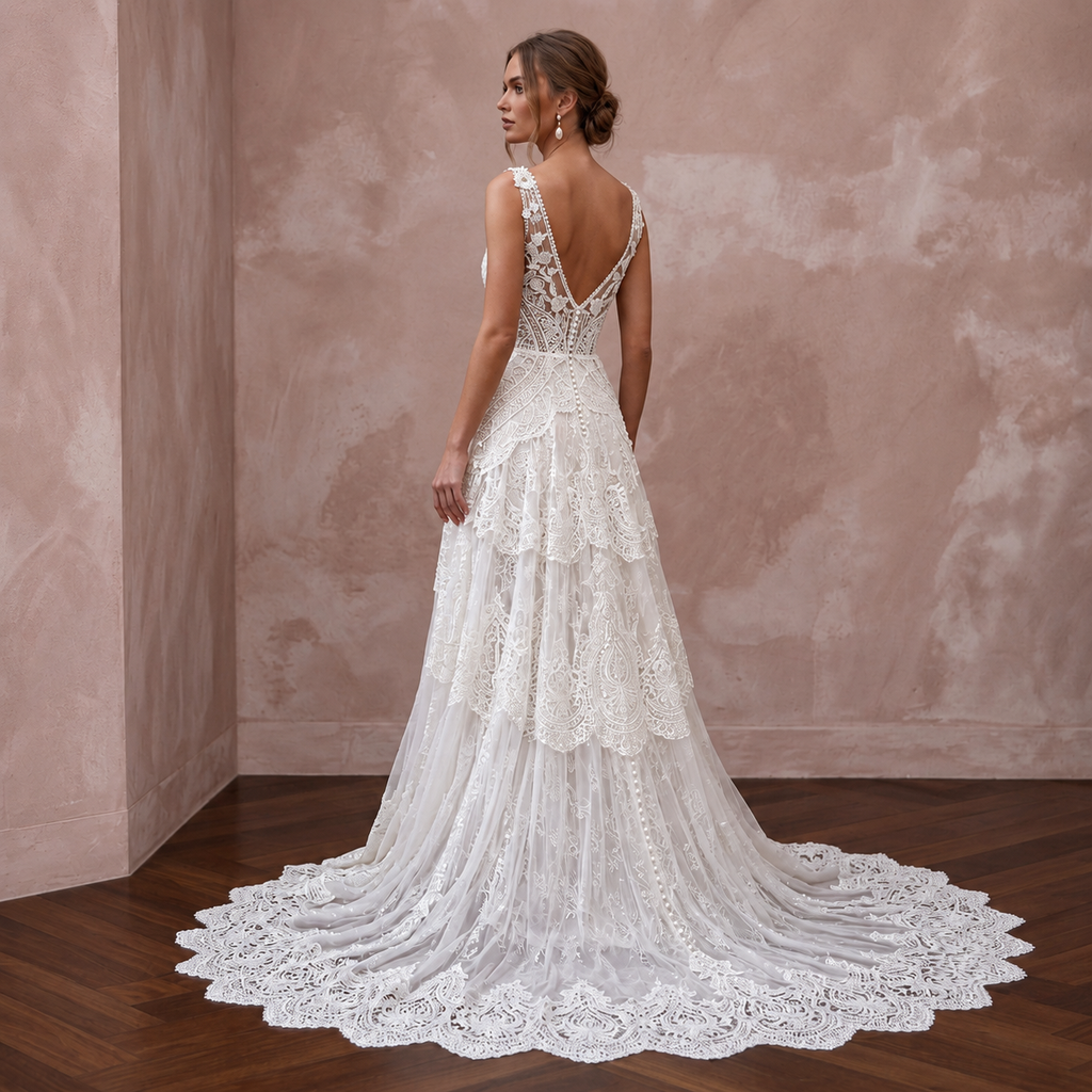 Bohemian Lace Bridal Gown with Chapel Train