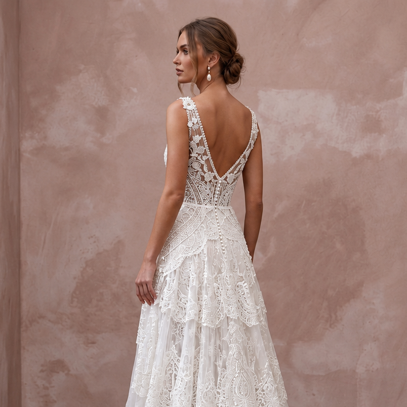 Bohemian Lace Bridal Gown with Chapel Train