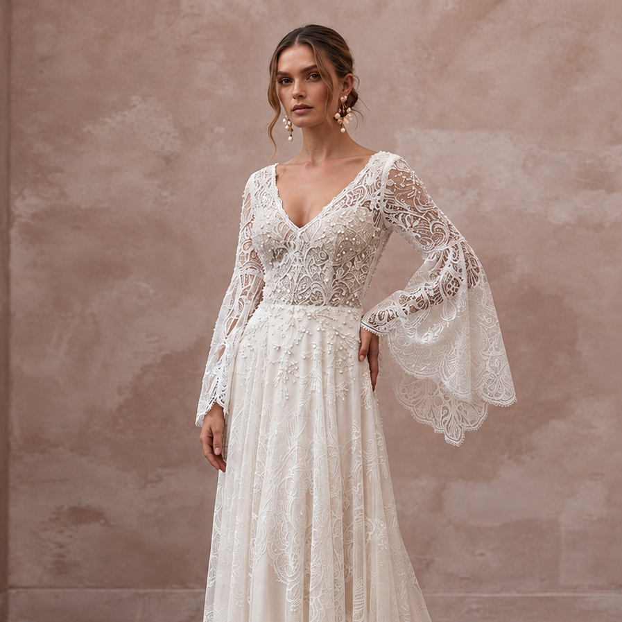 Bohemian Lace Wedding Dress with Bell Sleeves