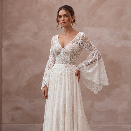 Bohemian Lace Wedding Dress with Bell Sleeves