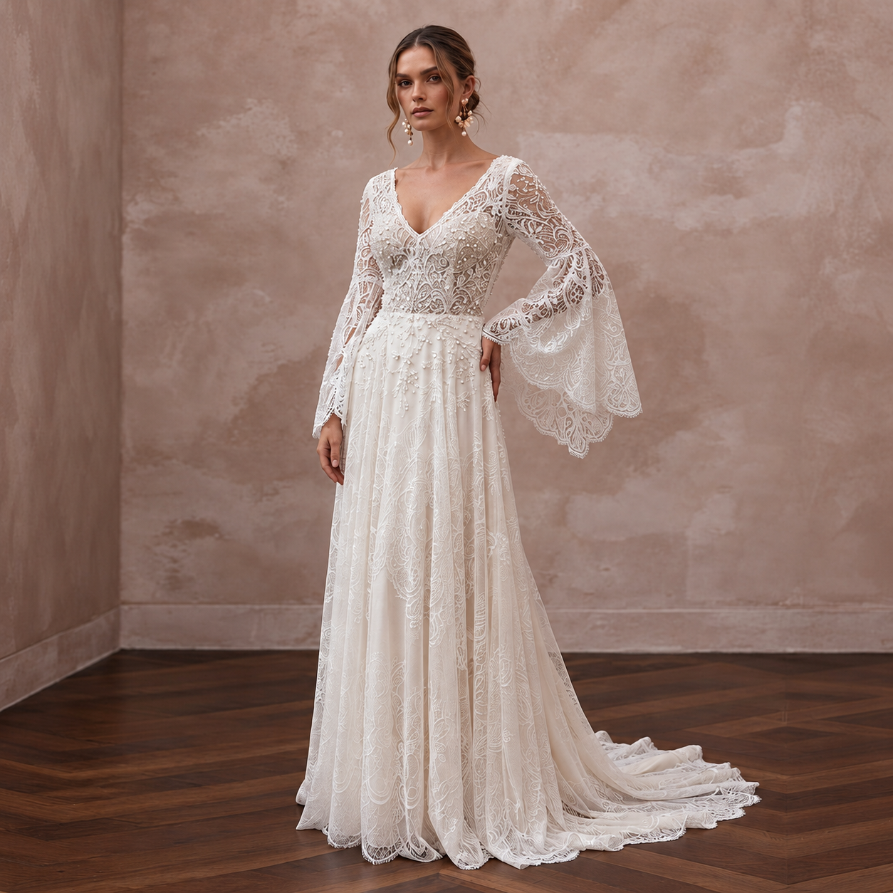 Bohemian Lace Wedding Dress with Bell Sleeves