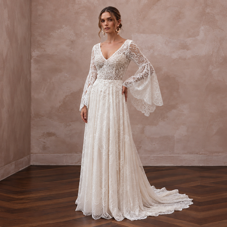 Bohemian Lace Wedding Dress with Bell Sleeves