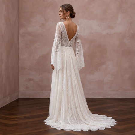 Bohemian Lace Wedding Dress with Bell Sleeves