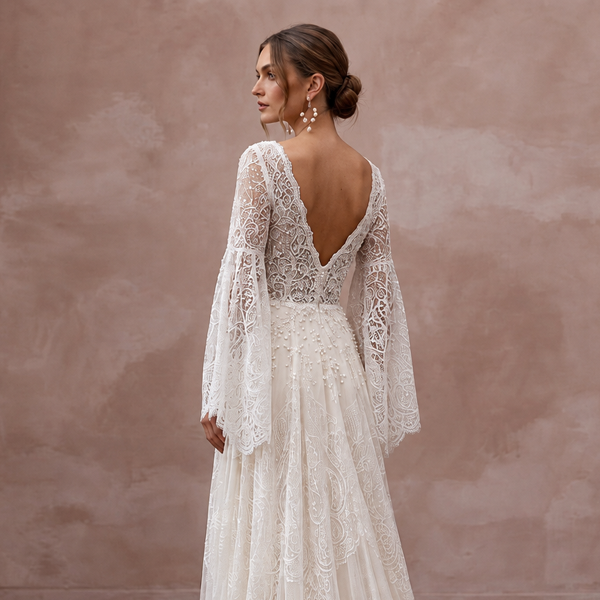 Bohemian Lace Wedding Dress with Bell Sleeves