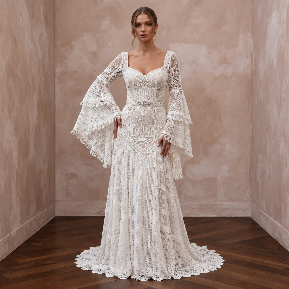 Bohemian Off-White Bell Sleeve Lace Maxi Dress for Desert Elopement