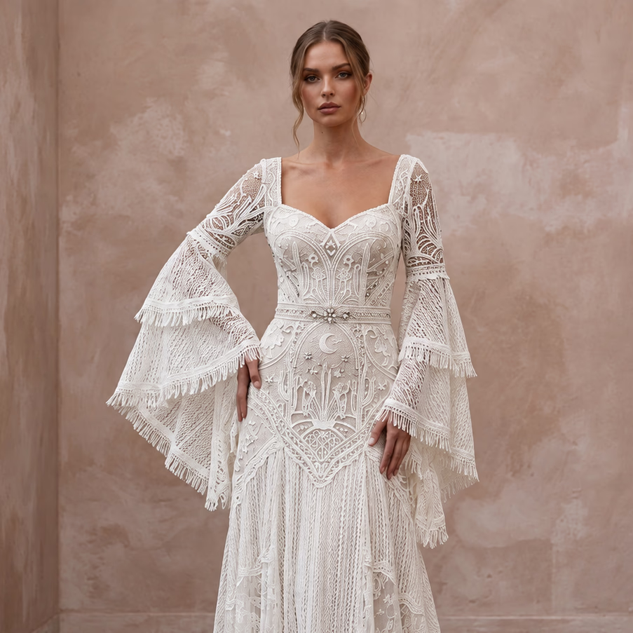 Bohemian Off-White Bell Sleeve Lace Maxi Dress for Desert Elopement