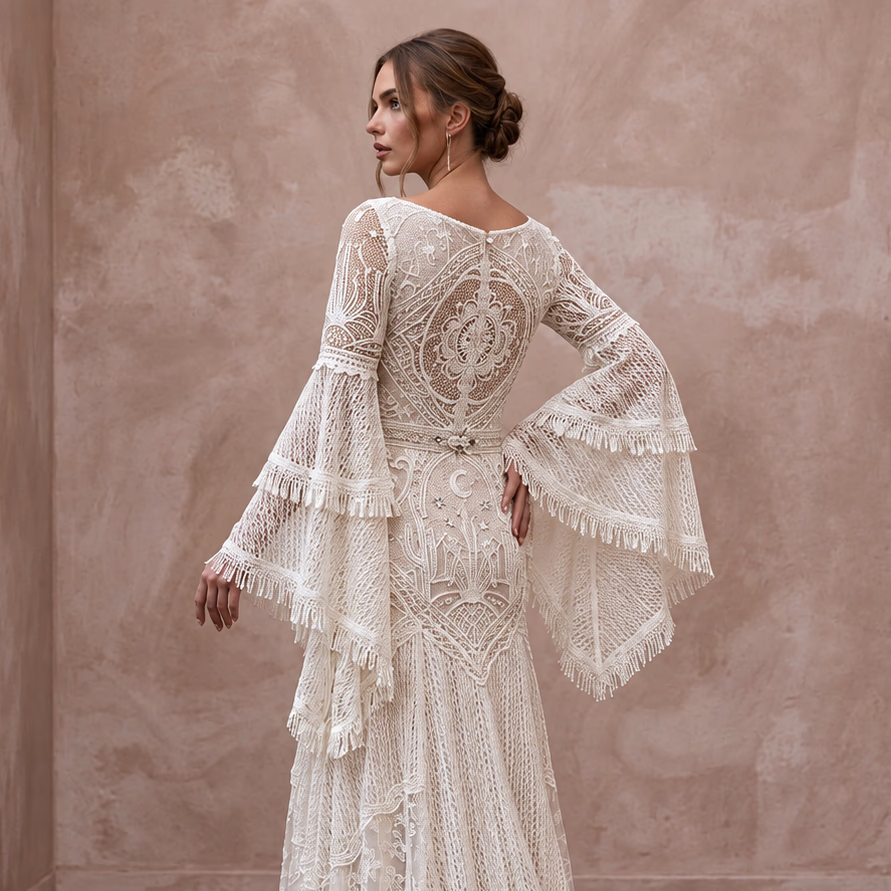 Bohemian Off-White Bell Sleeve Lace Maxi Dress for Desert Elopement