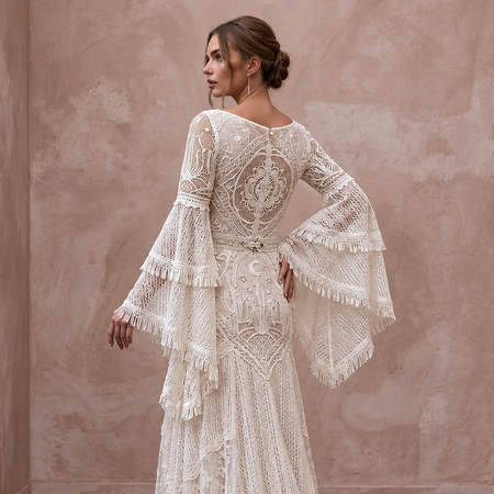 Bohemian Off-White Bell Sleeve Lace Maxi Dress for Desert Elopement
