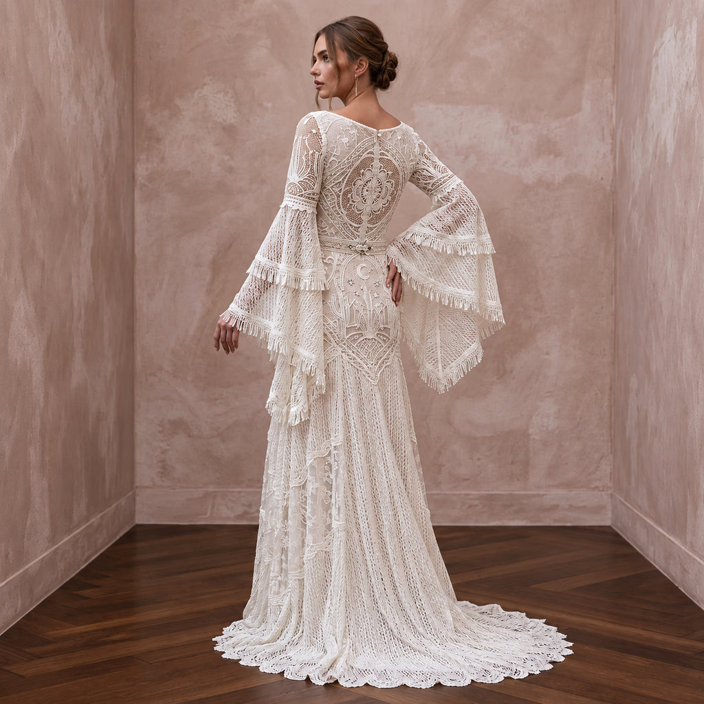 Bohemian Off-White Bell Sleeve Lace Maxi Dress for Desert Elopement