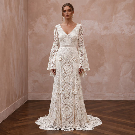 Bohemian Off-White Crochet Lace Bell Sleeve Maxi Bridal Dress