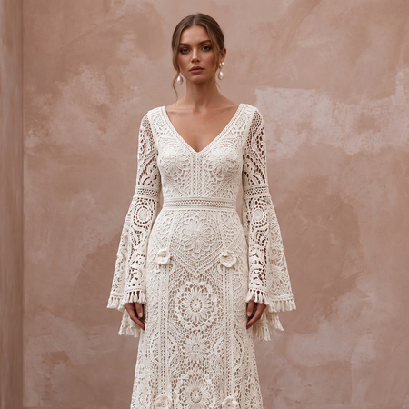 Bohemian Off-White Crochet Lace Bell Sleeve Maxi Bridal Dress