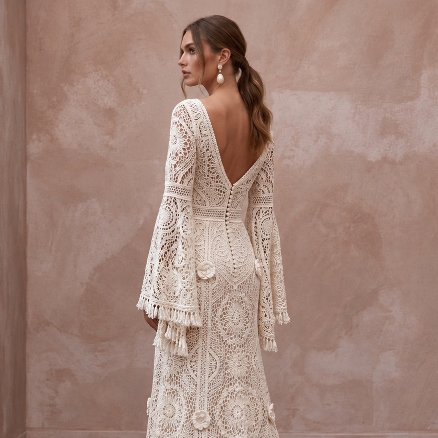 Bohemian Off-White Crochet Lace Bell Sleeve Maxi Bridal Dress