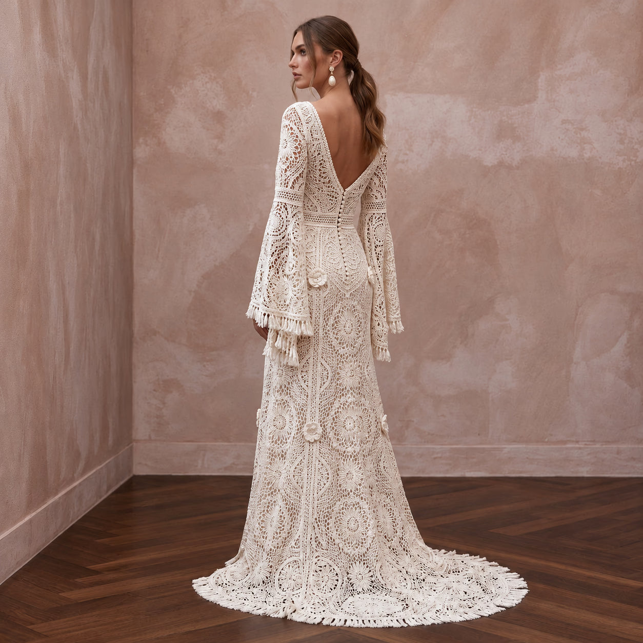 Bohemian Off-White Crochet Lace Bell Sleeve Maxi Bridal Dress Secondary image