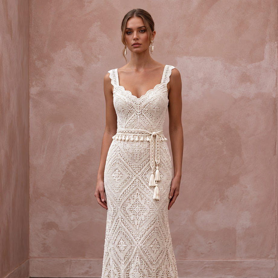 Bohemian Off-White Crochet Lace Bridal Dress for Beach Engagement