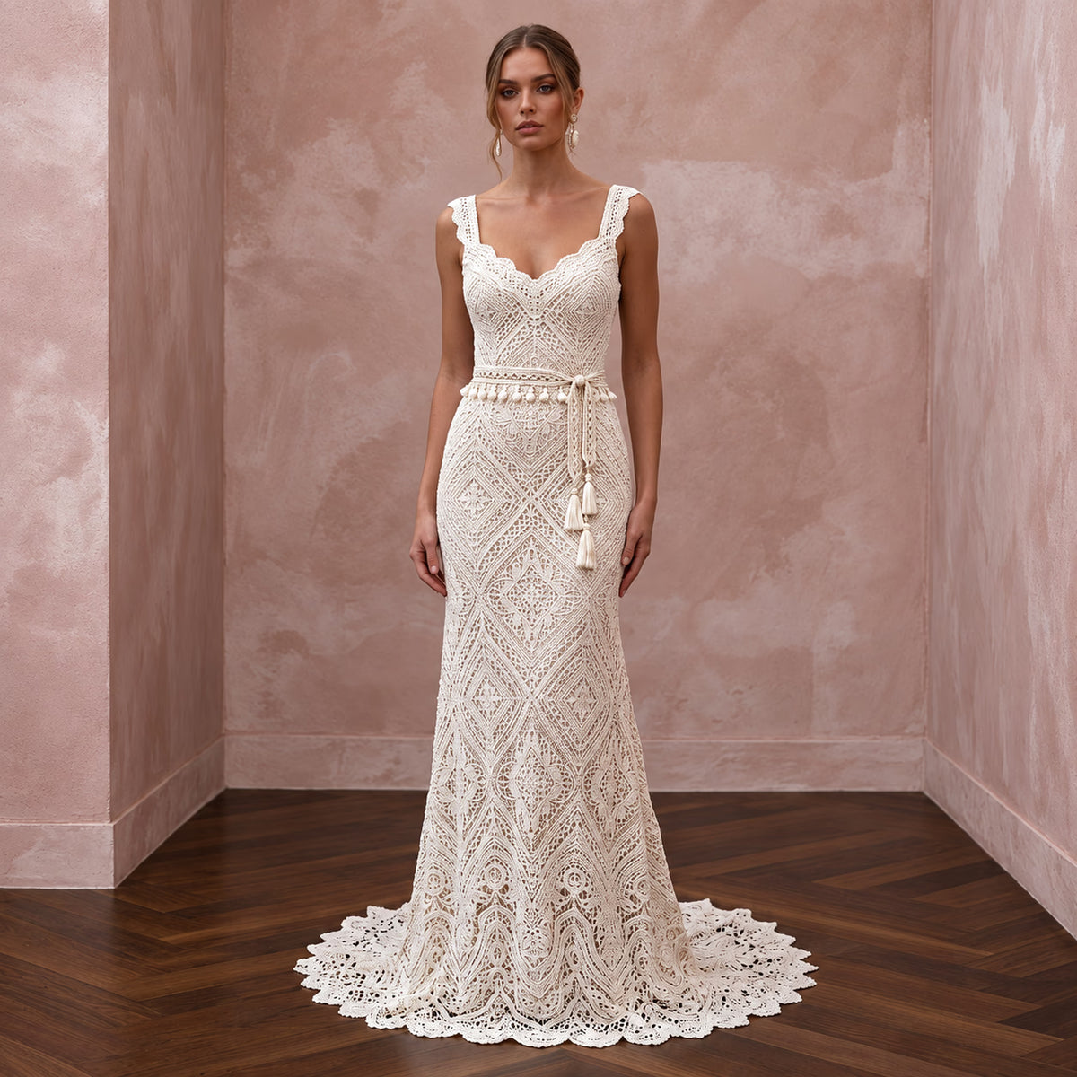 Bohemian Off-White Crochet Lace Bridal Dress for Beach Engagement