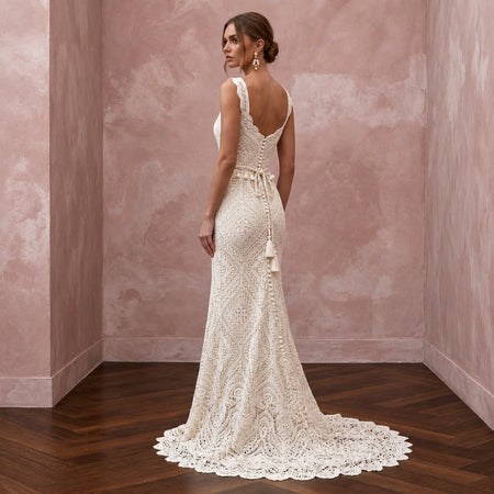 Bohemian Off-White Crochet Lace Bridal Dress for Beach Engagement
