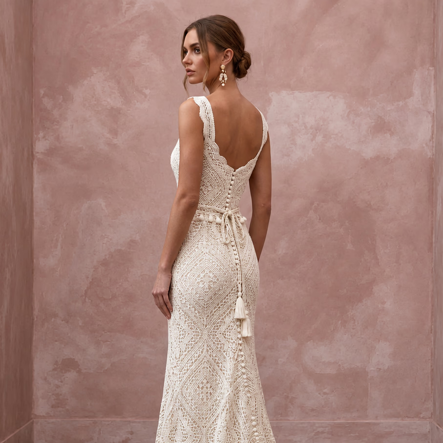 Bohemian Off-White Crochet Lace Bridal Dress for Beach Engagement