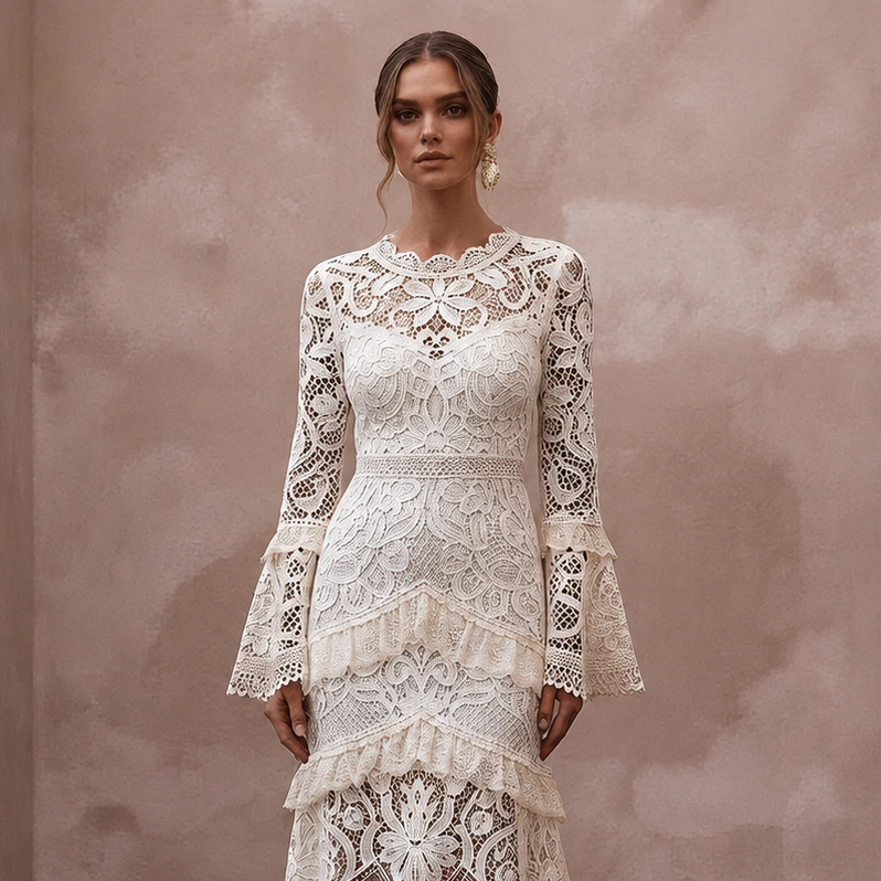Bohemian Off-White Crochet Lace Dress for Beach Engagement
