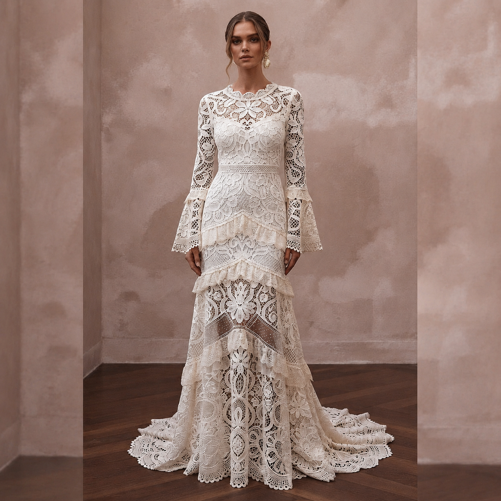Bohemian Off-White Crochet Lace Dress for Beach Engagement